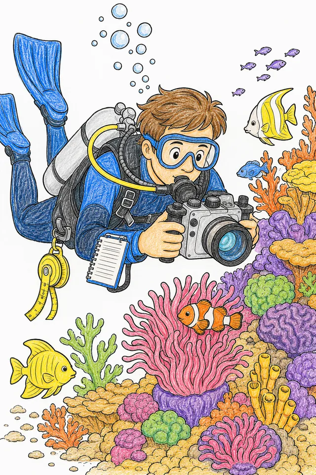 Ausmalseite: Meeresforscher in Tauchausrüstung fotografiert mit Unterwasserkamera ein Korallenriff mit Fischen
