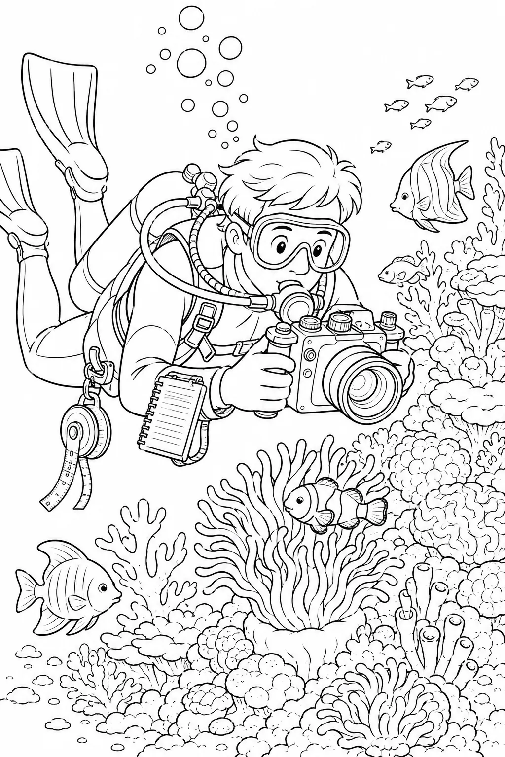 Colouring page: marine researcher in diving gear photographing a coral reef with fish using an underwater camera
