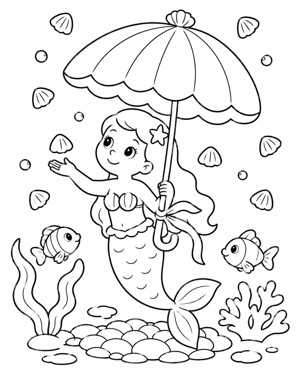 美人鱼在水下贝壳雨中撑着贝壳伞
