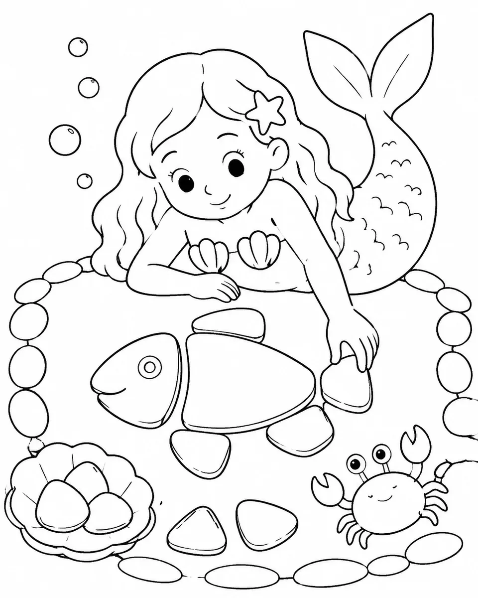 Mermaid arranging a fish puzzle from sea glass pieces