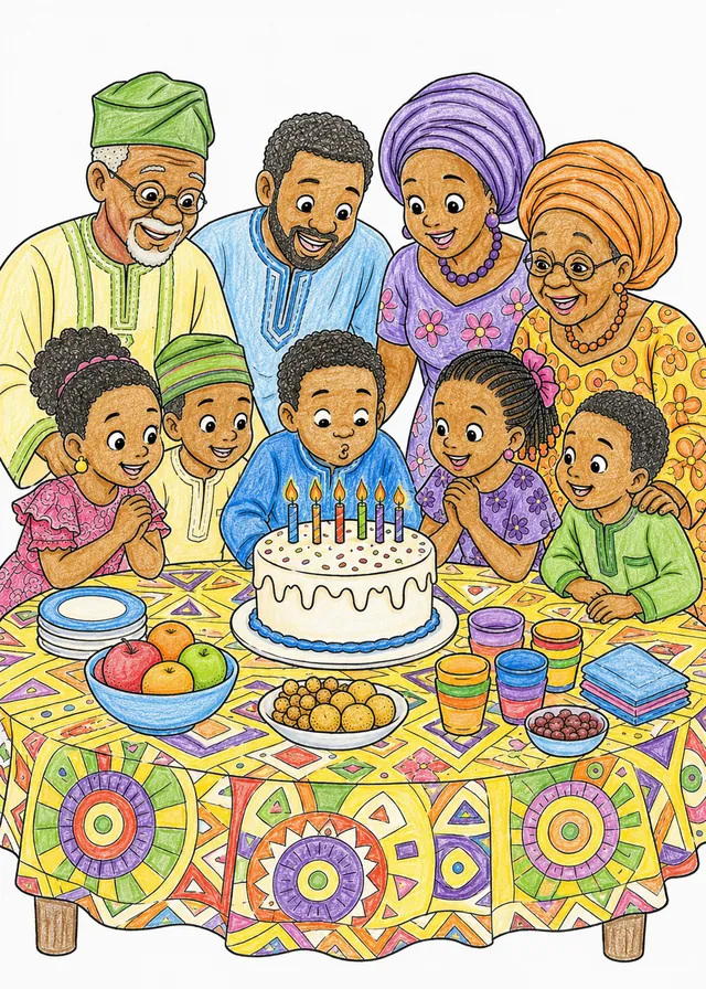 穿着彩色服装的尼日利亚大家庭在长桌旁一起庆祝生日