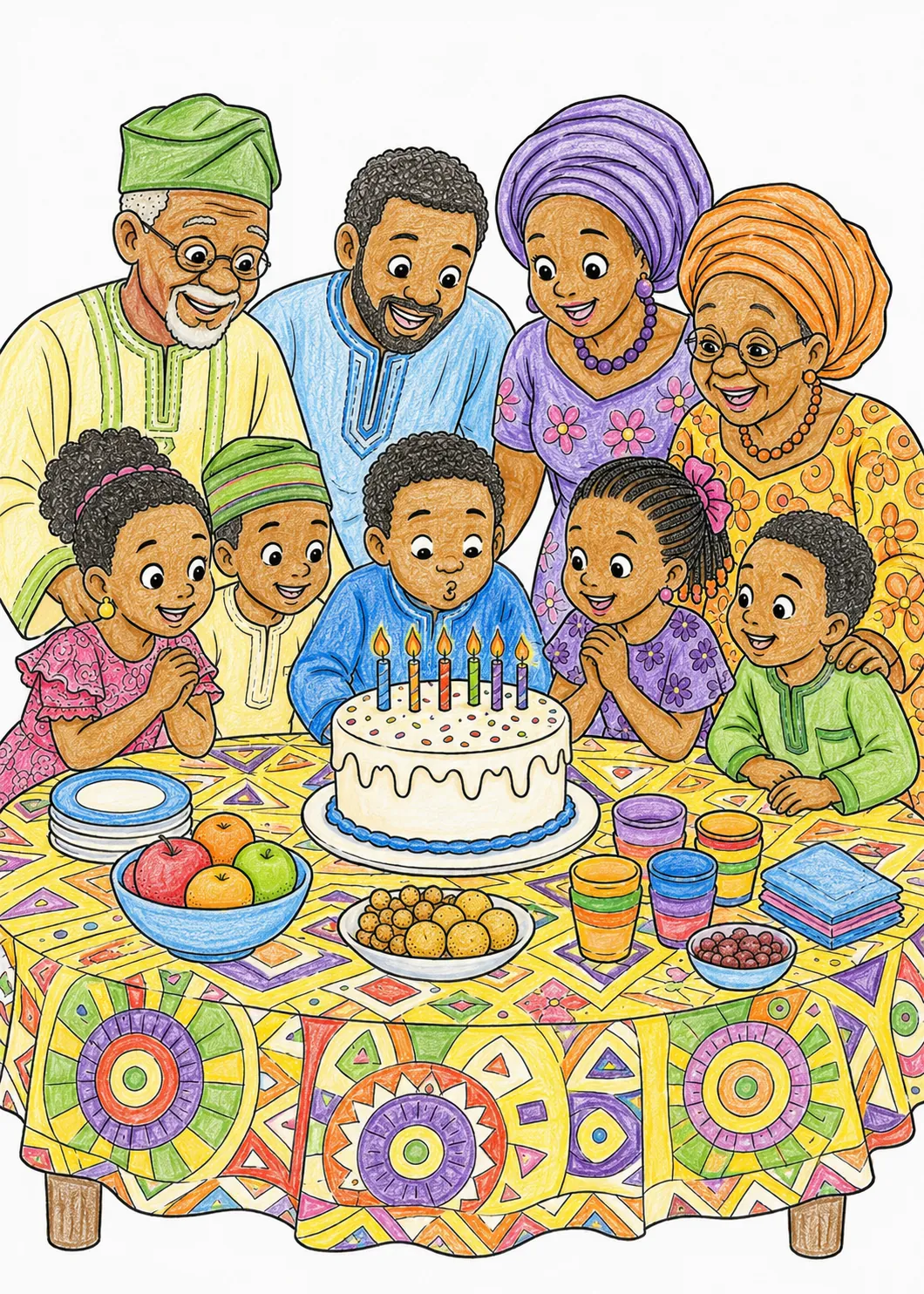 Nigerianische Großfamilie feiert fröhlich einen Geburtstag am langen Tisch
