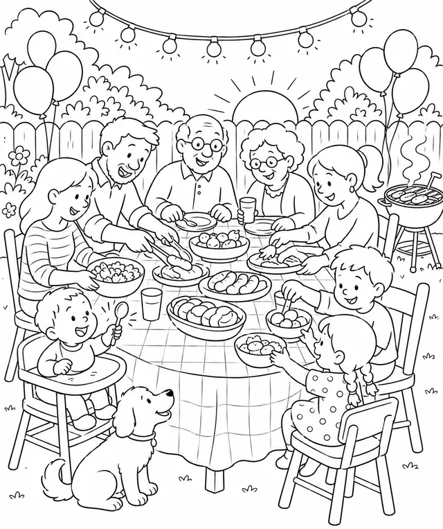 Mehrgenerationen-Familie genießt entspanntes Abendessen auf sonniger Gartenparty