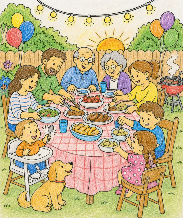 Mehrgenerationenfamilie beim Abendessen im Garten mit Grill, Luftballons und Lichterkette