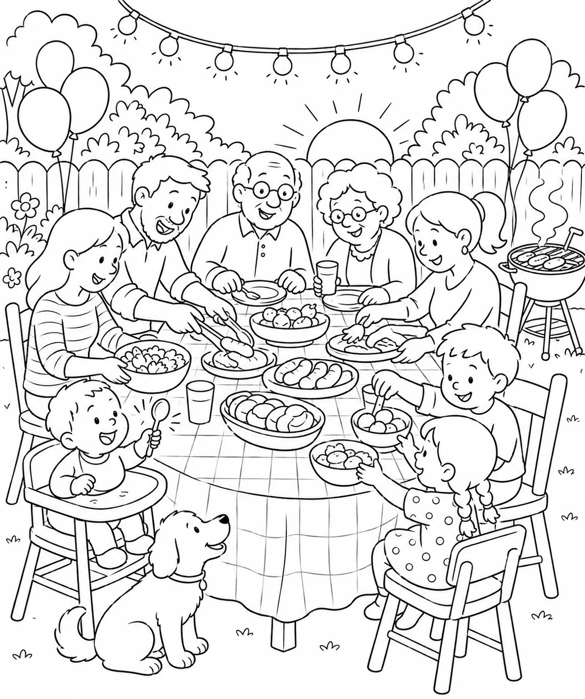 Mehrgenerationenfamilie beim Abendessen im Garten mit Grill, Luftballons und Lichterkette