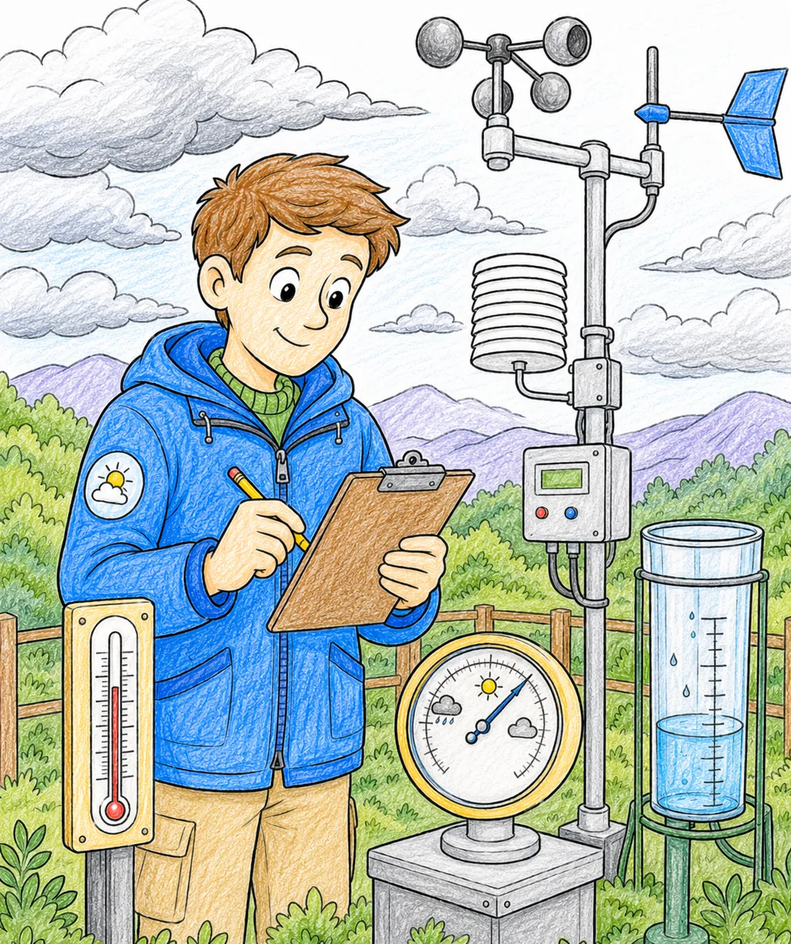 Meteorologe an professioneller Wetterstation