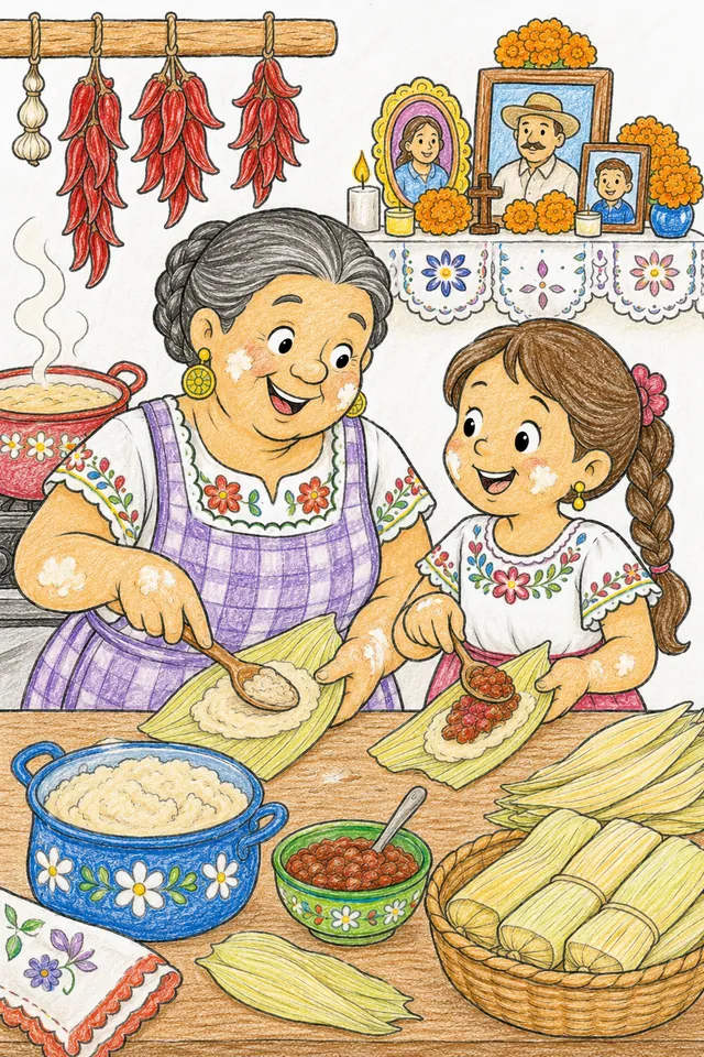 Mexikanische Großmutter und Enkelin lachen und streichen Masa auf Maisblätter für Tamales