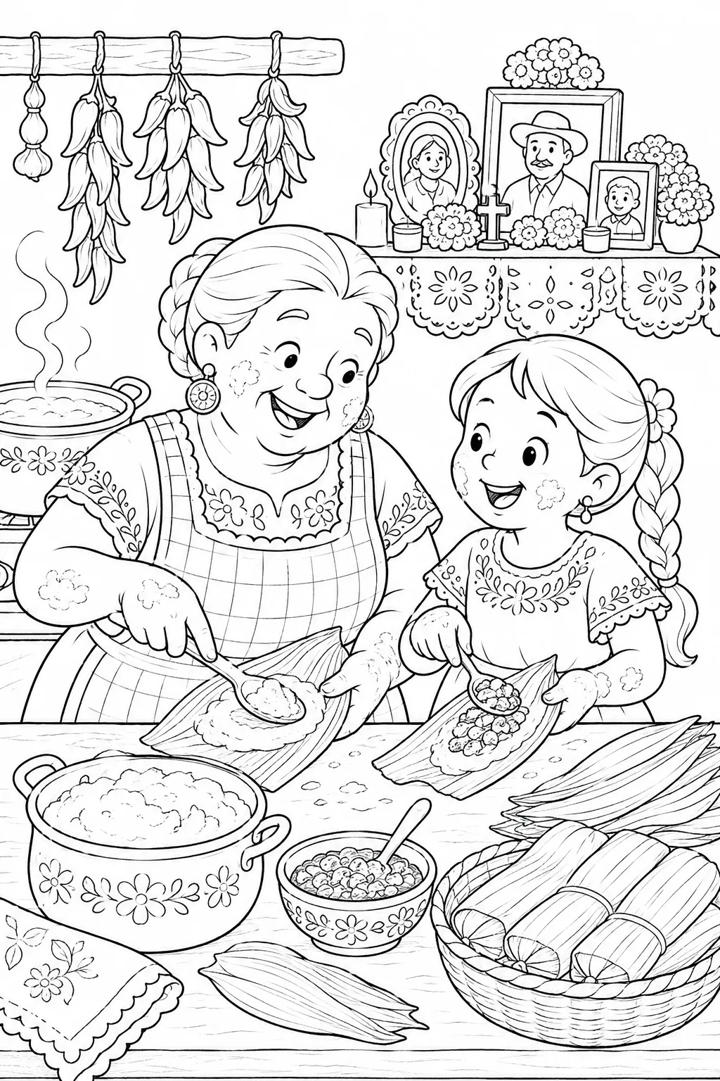 Mexikanische Großmutter und Enkelin lachen und streichen Masa auf Maisblätter für Tamales