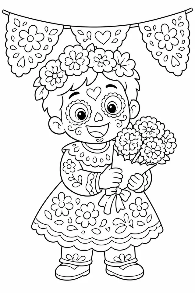 Fröhliches mexikanisches Kind im bunten Día-de-los-Muertos-Festkostüm und Blumenkranz