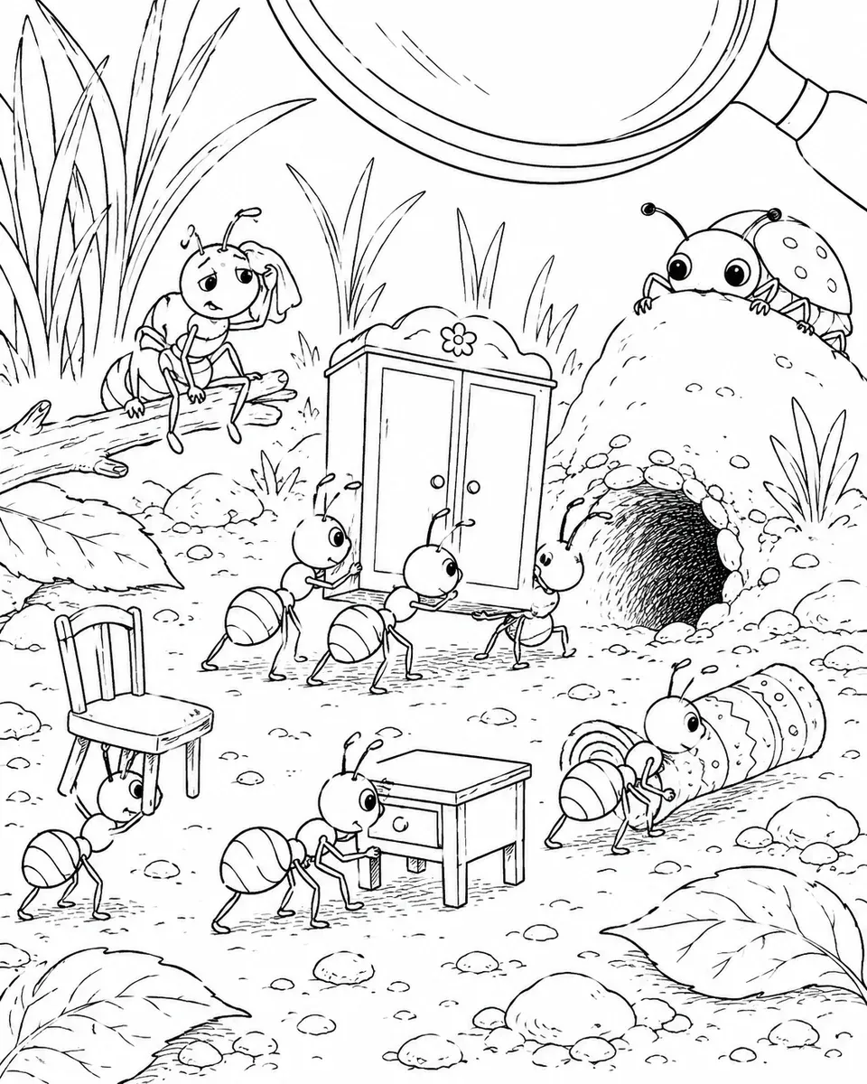 Coloring page of ants carrying tiny furniture into their nest