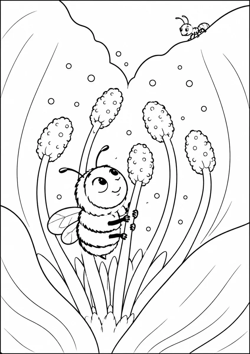 Ausmalbild einer Biene zwischen Staubgefäßen im Inneren einer großen Blume