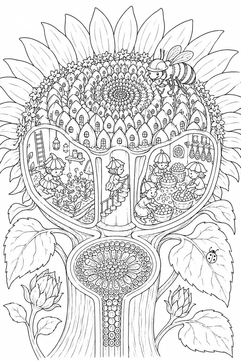 向日葵横切面微型世界的涂色画
