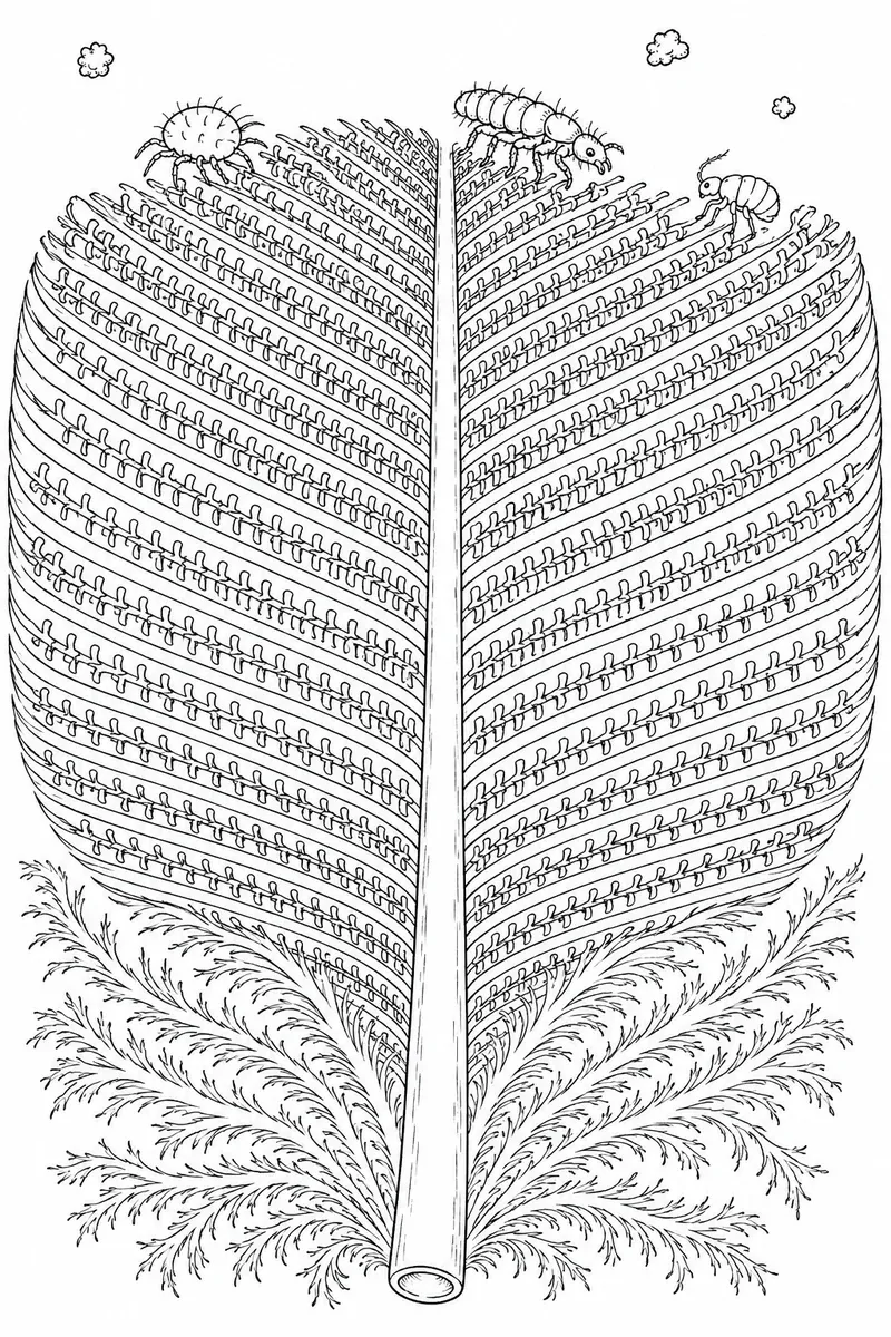 Magnified feather with shaft, parallel barbs and three tiny travellers