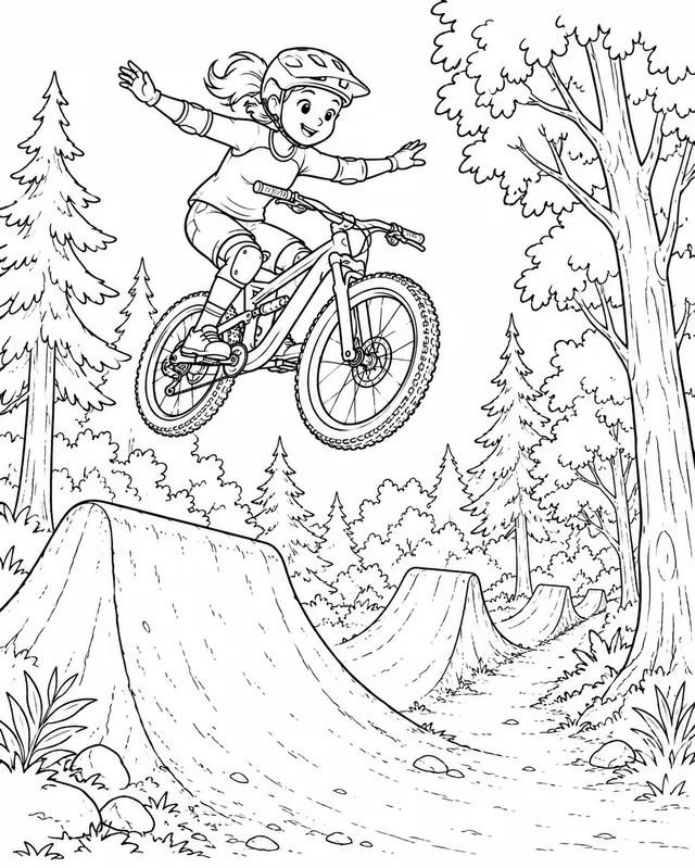 Mountainbikerin springt über einen Erdhügel im Bikepark