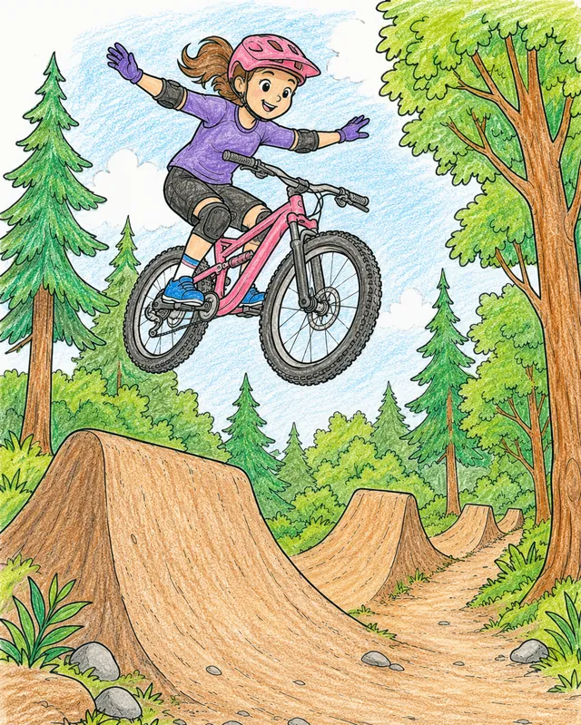 Mountainbikerin springt über einen Erdhügel im Bikepark – So könnte es aussehen