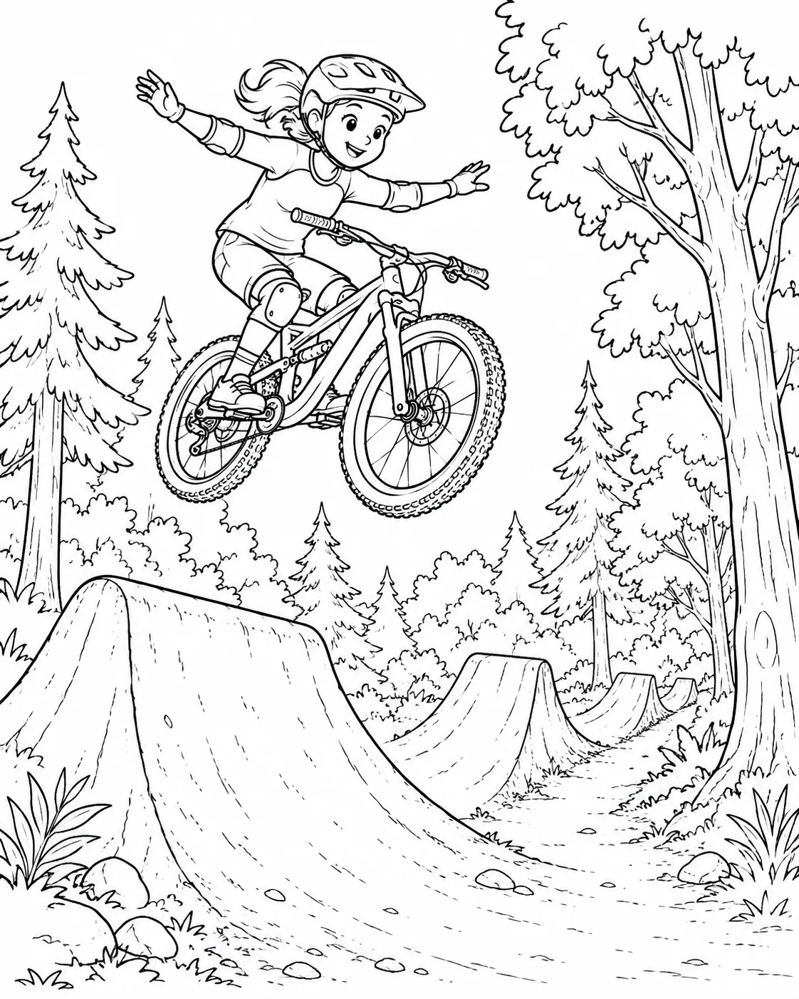 Mountainbikerin mit Helm springt hoch von Erdhügel in Wald-Bikepark