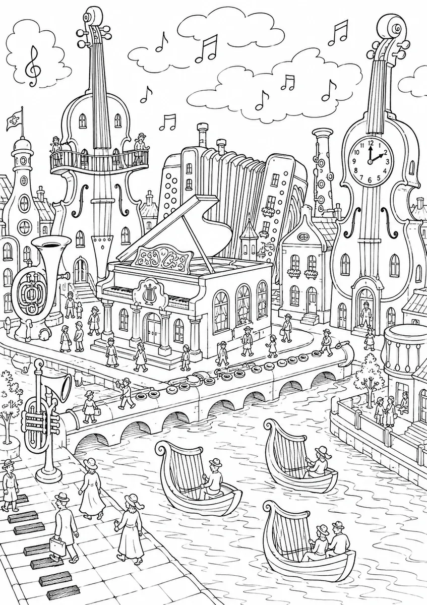 河边乐器之城的涂色画