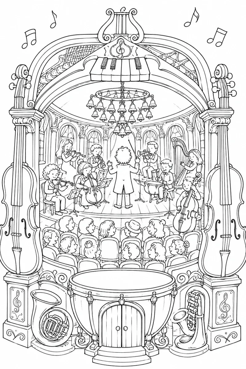 Konzerthaus mit Cello-Säulen und Klavier-Dach, drinnen Dirigent und Orchester sichtbar