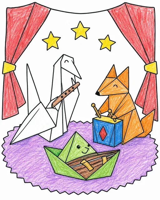 Ausmalbild eines Origami-Orchesters mit gefalteten Papierwesen