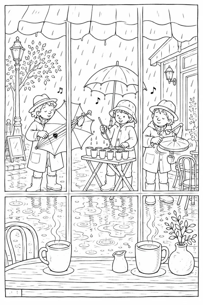 Straßenmusiker spielen auf Regenschirmen vor einem Caféfenster