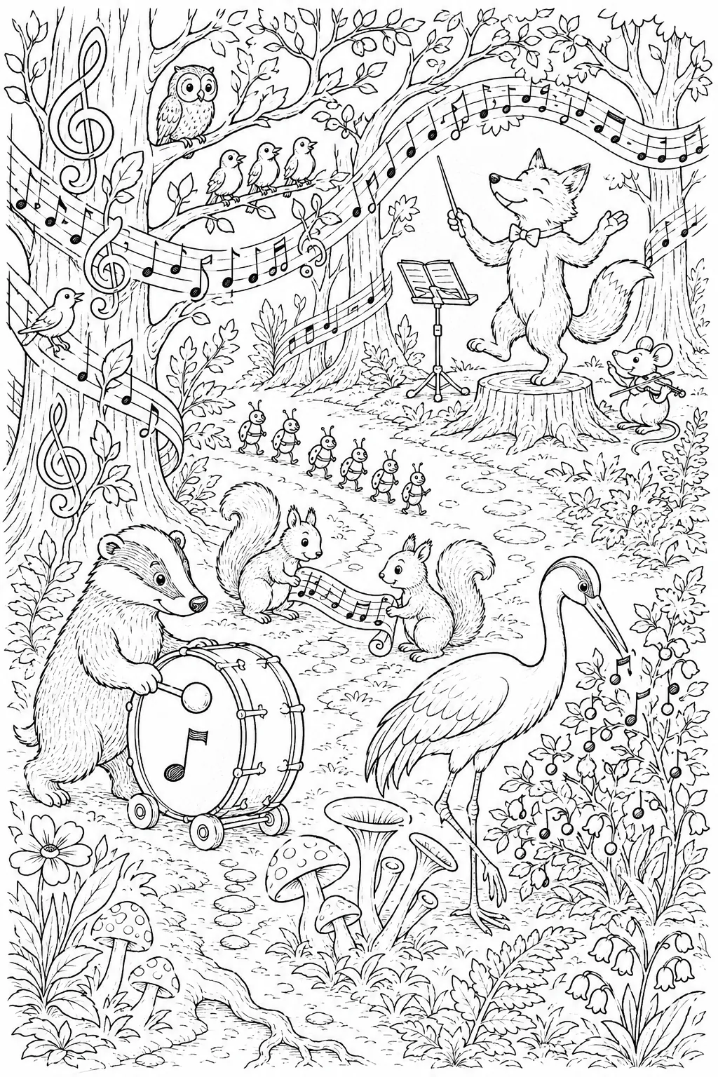 Wimmelbild eines Waldes aus Notenlinien mit musizierenden Tieren