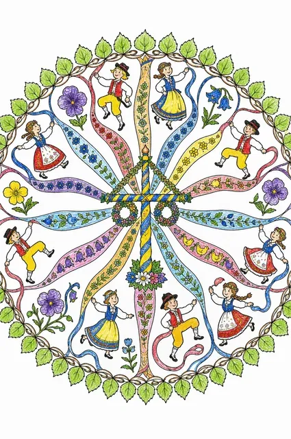 Ausmalbild: Rundes nordisches Midsommar-Mandala mit Maibaum im Zentrum und tanzenden Figuren im Außenring