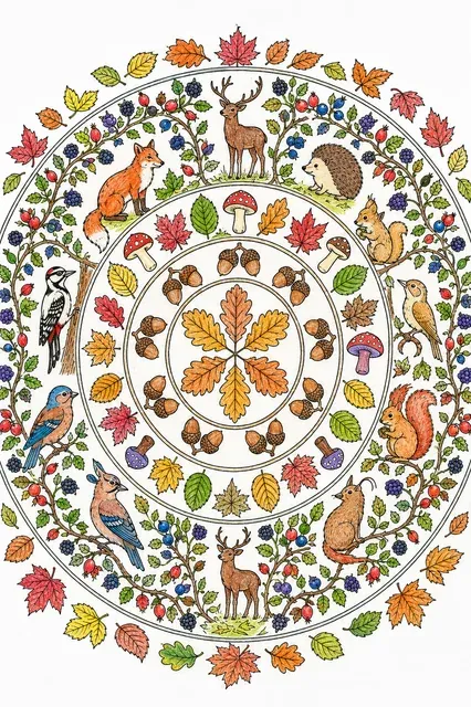 Ausmalbild: Rundes Herbst-Waldmandala mit Eichenblättern, Pilzen und Tierssilhouetten des europäischen Waldes