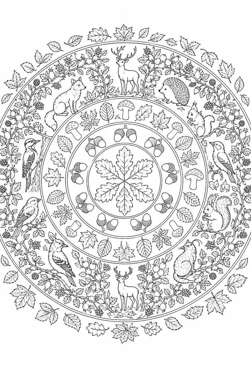 Ausmalbild: Rundes Herbst-Waldmandala mit Eichenblättern, Pilzen und Tierssilhouetten des europäischen Waldes