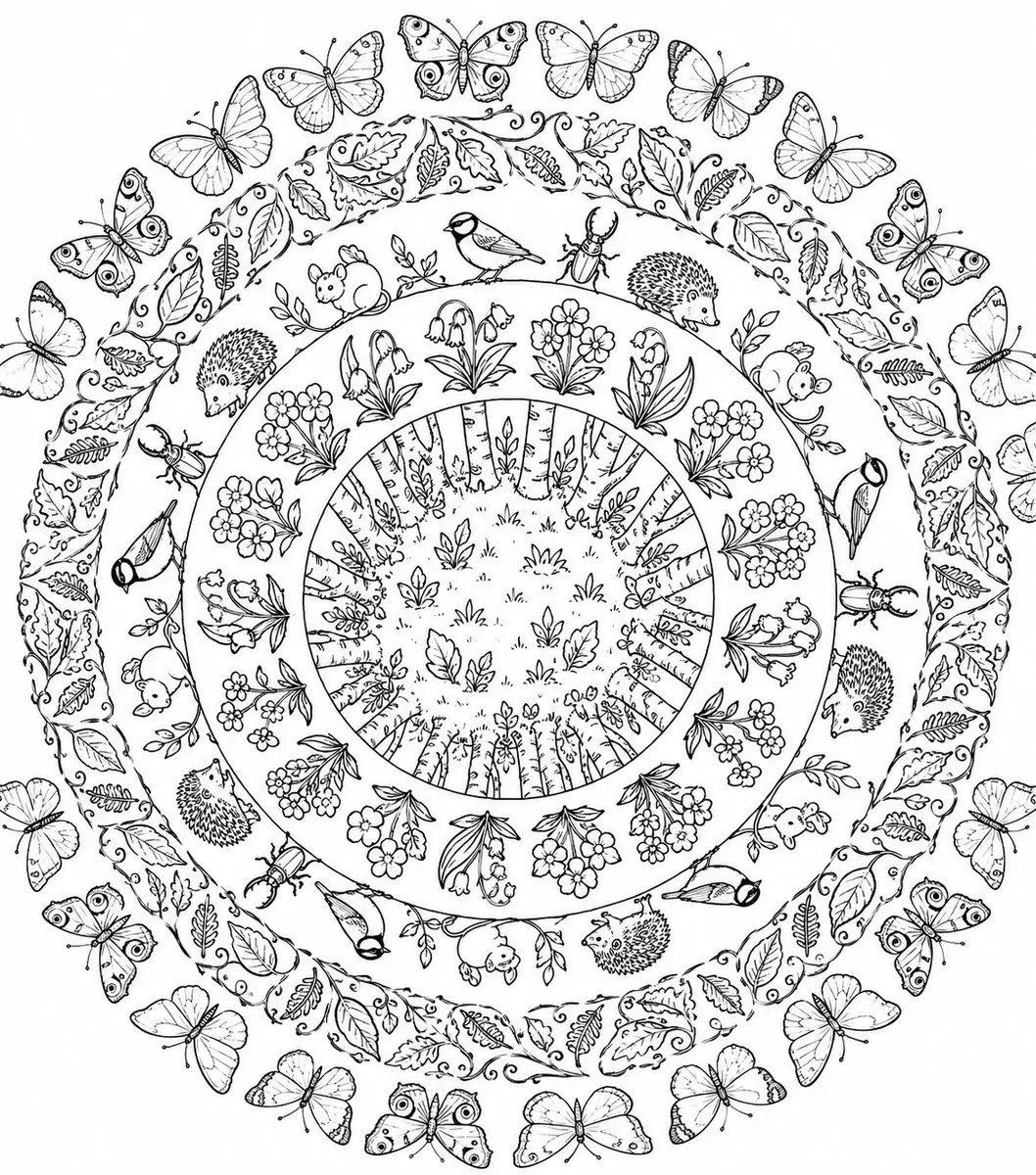 Ausmalbild: Rundes Frühlingswaldmandala mit Birkenring-Zentrum, Wildblumen, Tieren und Schmetterlingen