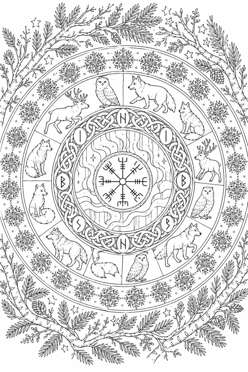 涂色页：以北极光和维格维希尔为中心，带古符文、北极动物和雪花外环的圆形曼陀罗