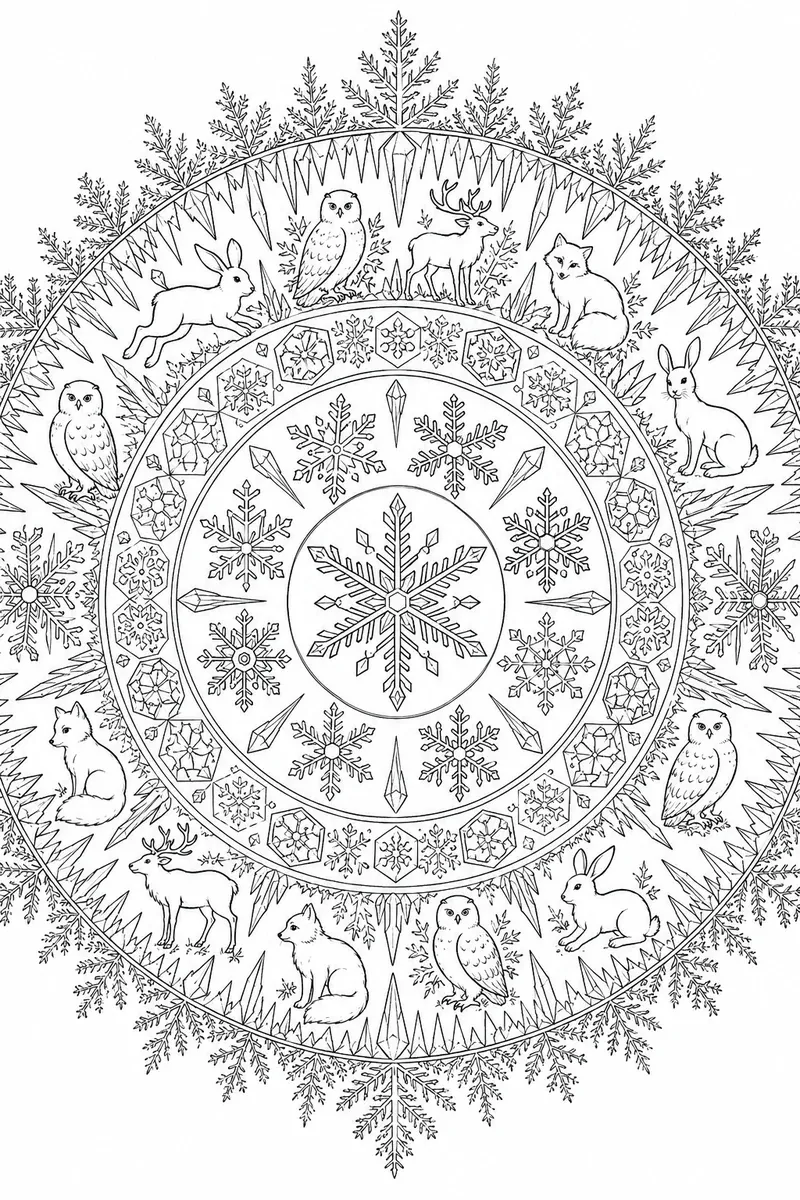 Ausmalbild: Rundes Eiskristall-Mandala mit Schneeflocken, Wintertieren und Frostfarn-Außenring