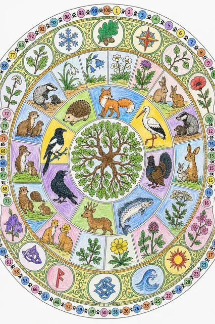 Ausmalbild: Großes Abschluss-Mandala der Serie Tiere Europas mit Eichenbaum-Zentrum und allen Tier-Silhouetten