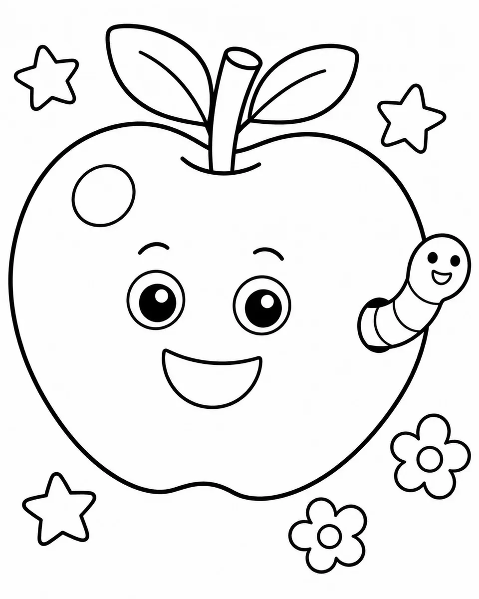 Großer roter Apfel mit Smiley-Gesicht und einem Wurm der aus einem Loch schaut