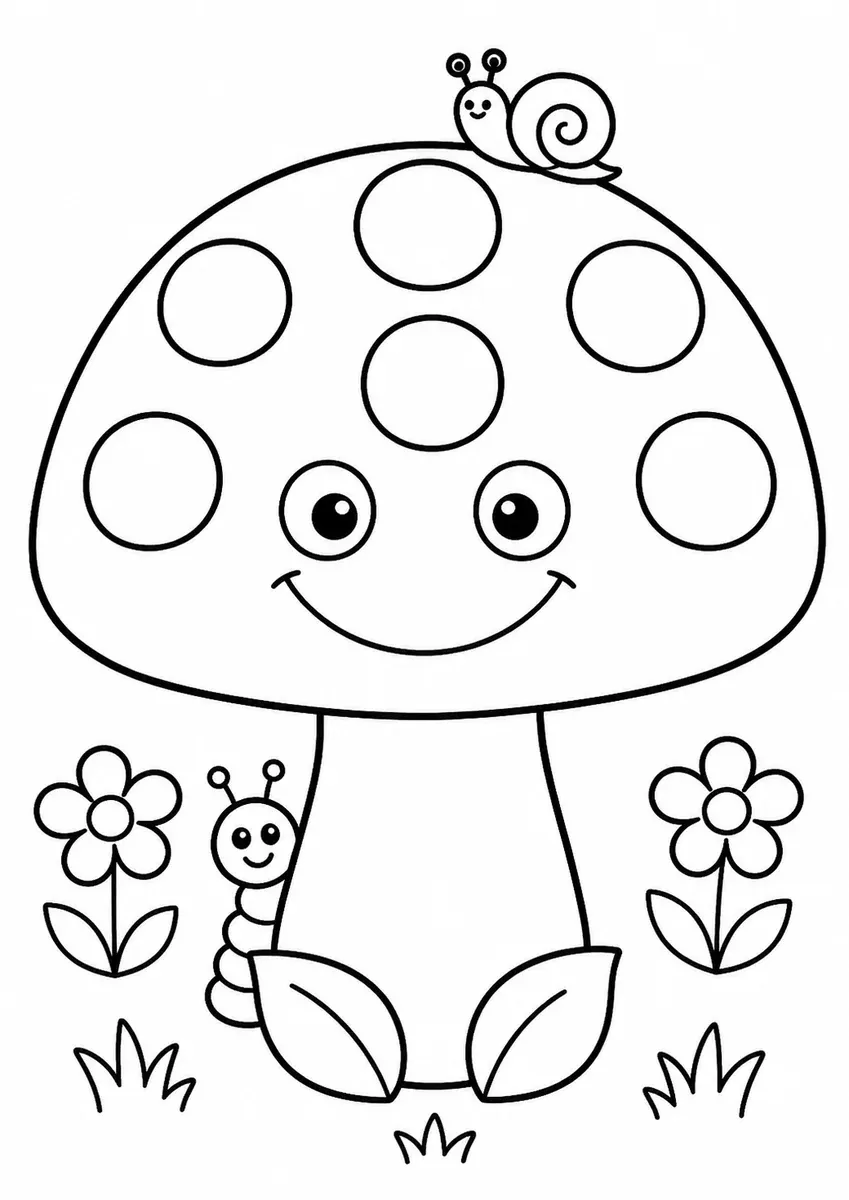 Großer roter Pilz mit sieben weißen Punkten und einem Smiley-Gesicht