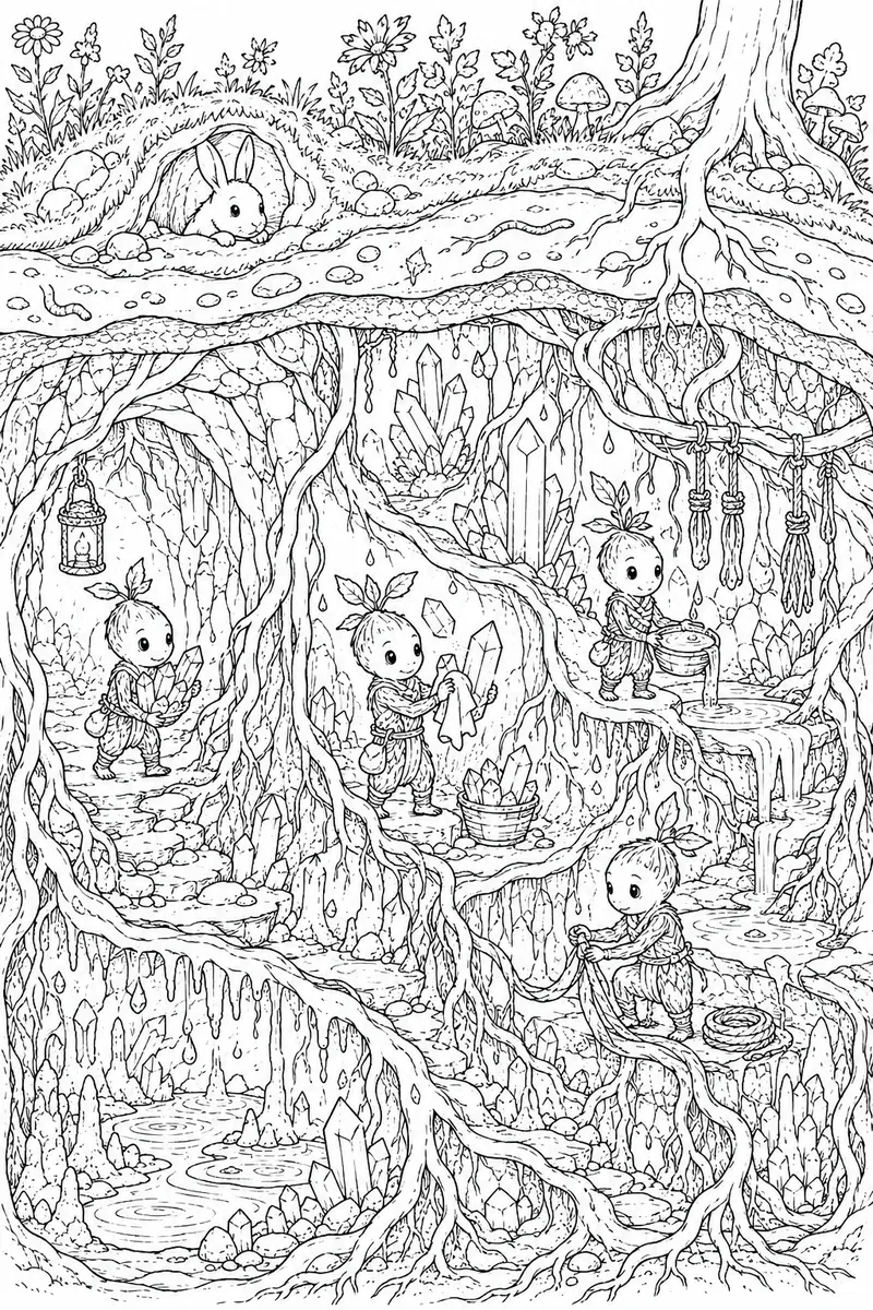 Querschnitt einer unterirdischen Kristallhöhle mit Baumwurzeln