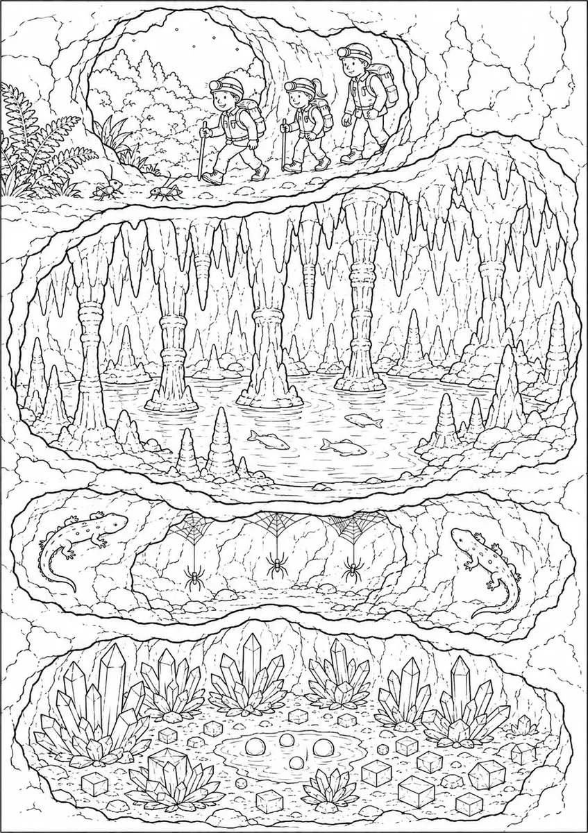Querschnitt einer Tropfsteinhöhle mit vier Kammern, Stalaktiten, Stalagmiten, einem Höhlensee und einer Kristallkammer