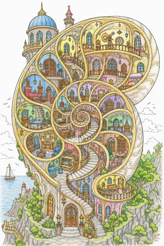 Ausmalvorlage: Turm im Nautilus-Querschnitt mit zentraler Wendeltreppe und proportionalen Etagen-Kammern