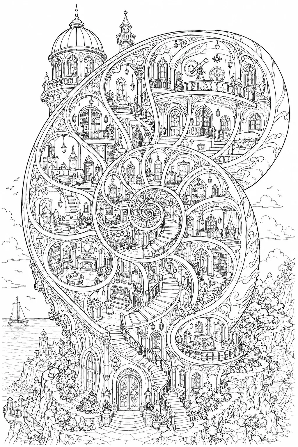 Ausmalvorlage: Turm im Nautilus-Querschnitt mit zentraler Wendeltreppe und proportionalen Etagen-Kammern