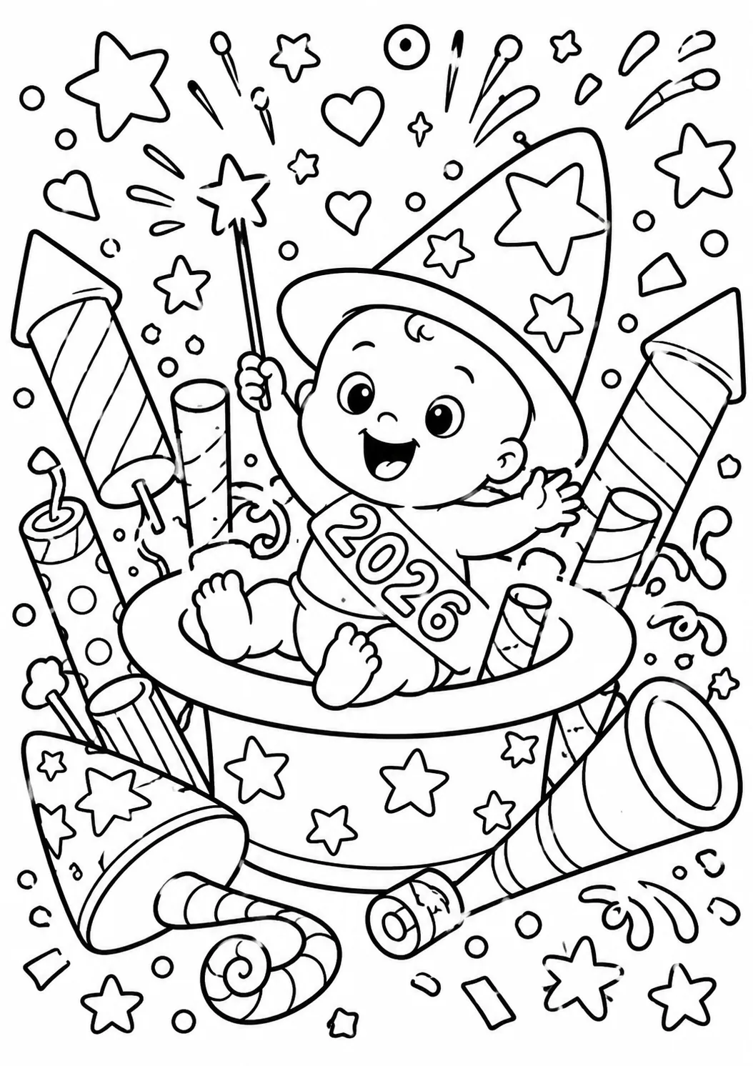 Rundes Neujahrs-Baby mit goldener Schärpe 2026 und übergroßem Partyhut