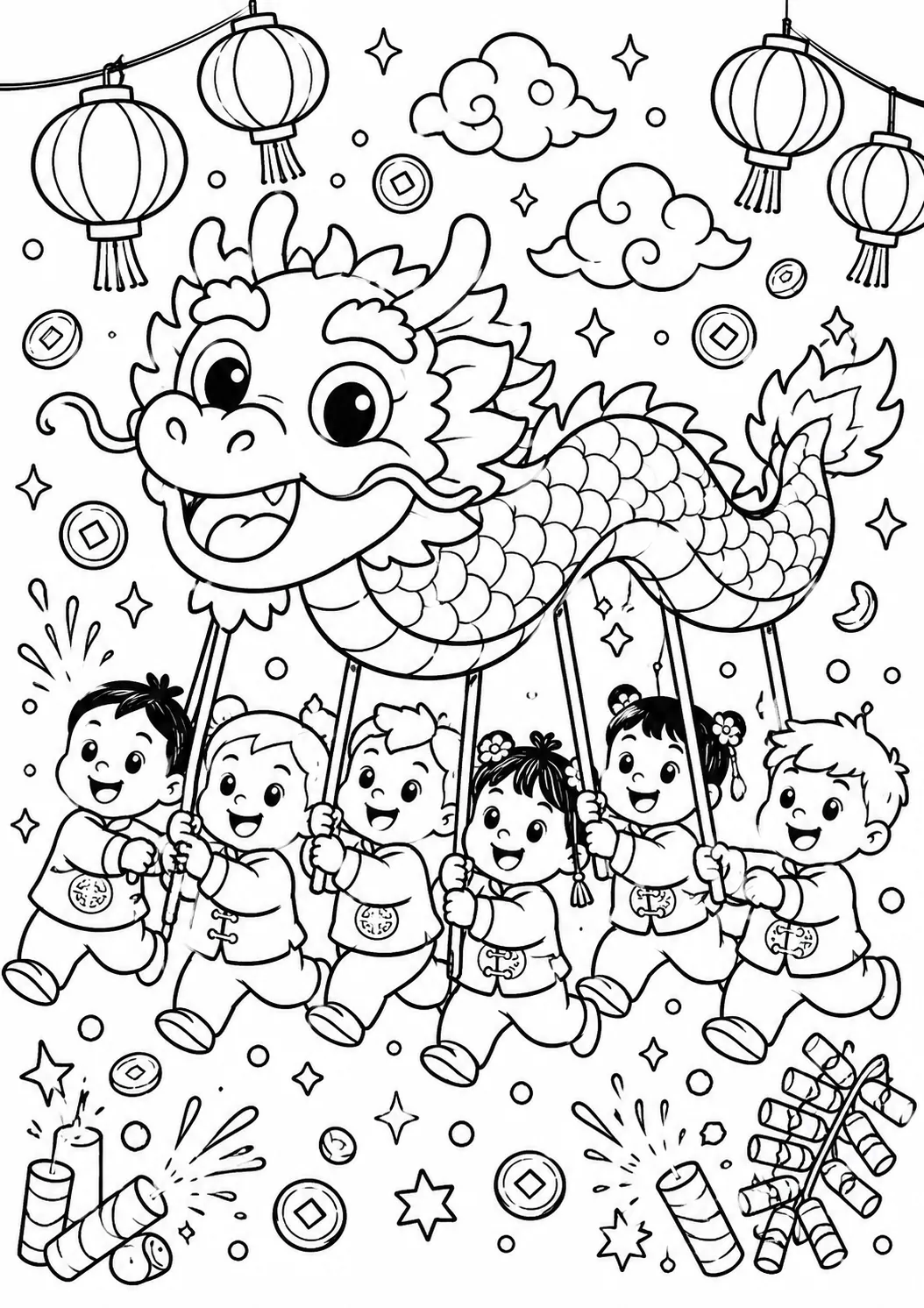 欢乐的婴儿龙被孩子们抬着参加中国新年游行