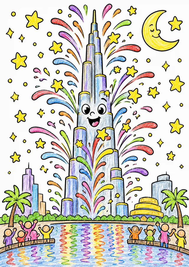 迪拜：哈利法塔新年烟火 – 涂色效果预览