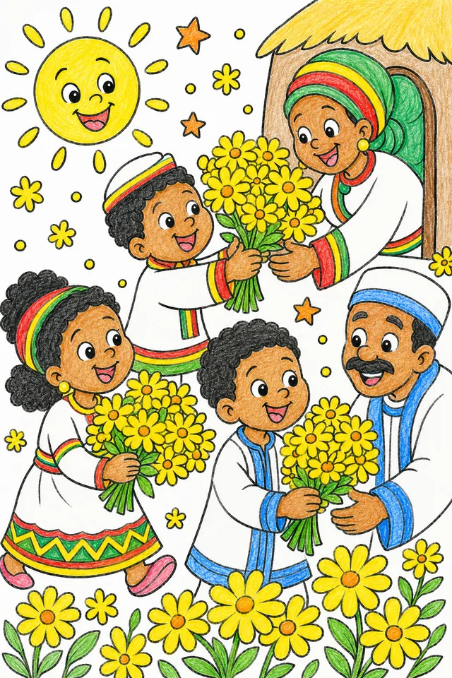 Äthiopisches Enkutatash: Kinder mit Blumen zum Neujahr – So könnte es aussehen