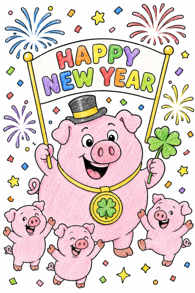 新年幸运猪戴着高帽和四叶草 – 涂色效果预览