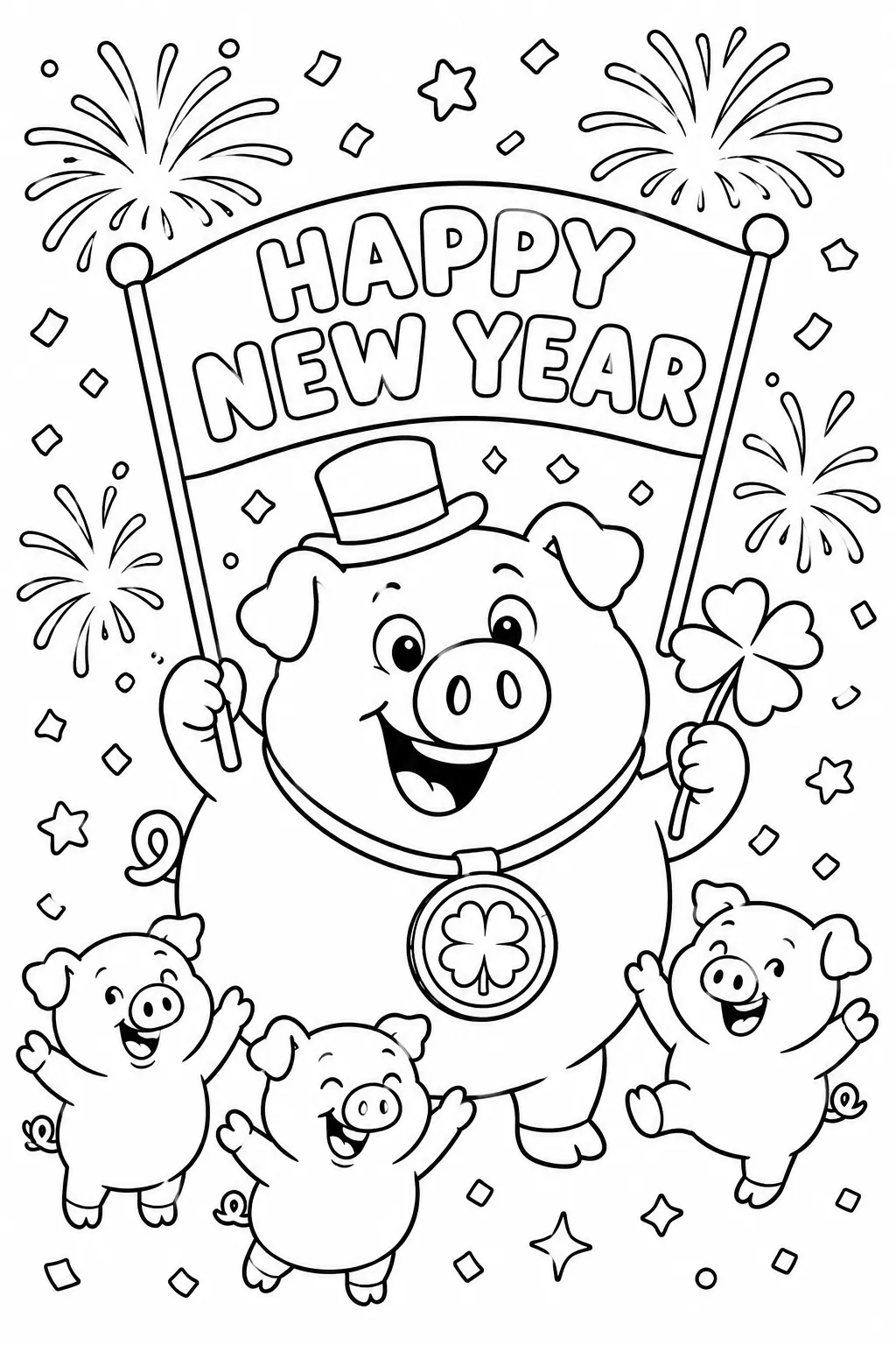 圆圆的幸运猪戴高帽迎接新年