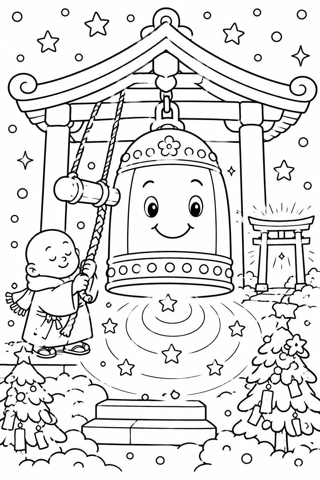 圆圆的日本寺庙钟在新年敲响有金色声波