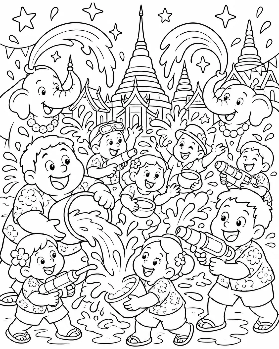 Runde Menschen kämpfen beim Songkran-Neujahr in Thailand in einer Wasserschlacht