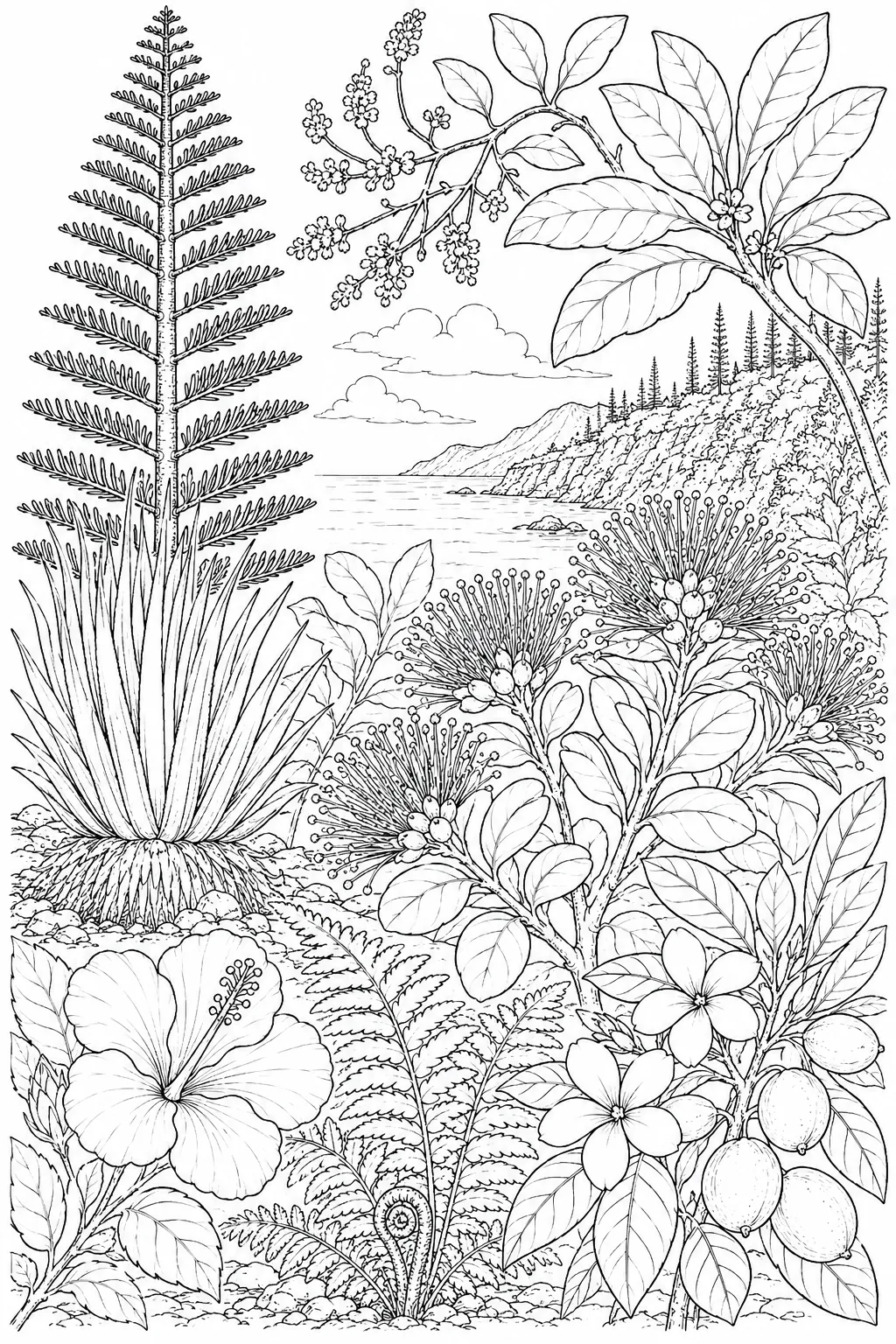 New Caledonia: Araucaria columnar / Amborella elliptical drupe / Gymnostoma weeping / Meryta leathery / Cerbera white pink fruit
