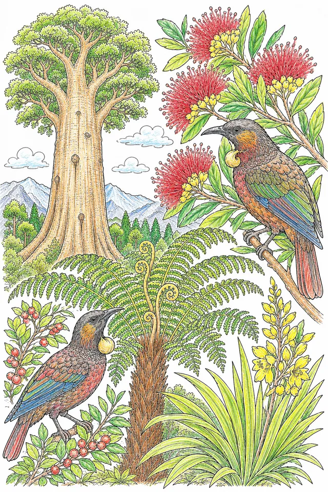 New Zealand: Kauri massive columnar smooth bark / Pohutukawa crimson brush stamens / Ponga silver fern silver underside / Kaka Beak crimson parrot / Tī Kōuka strap rosette cream plumes
