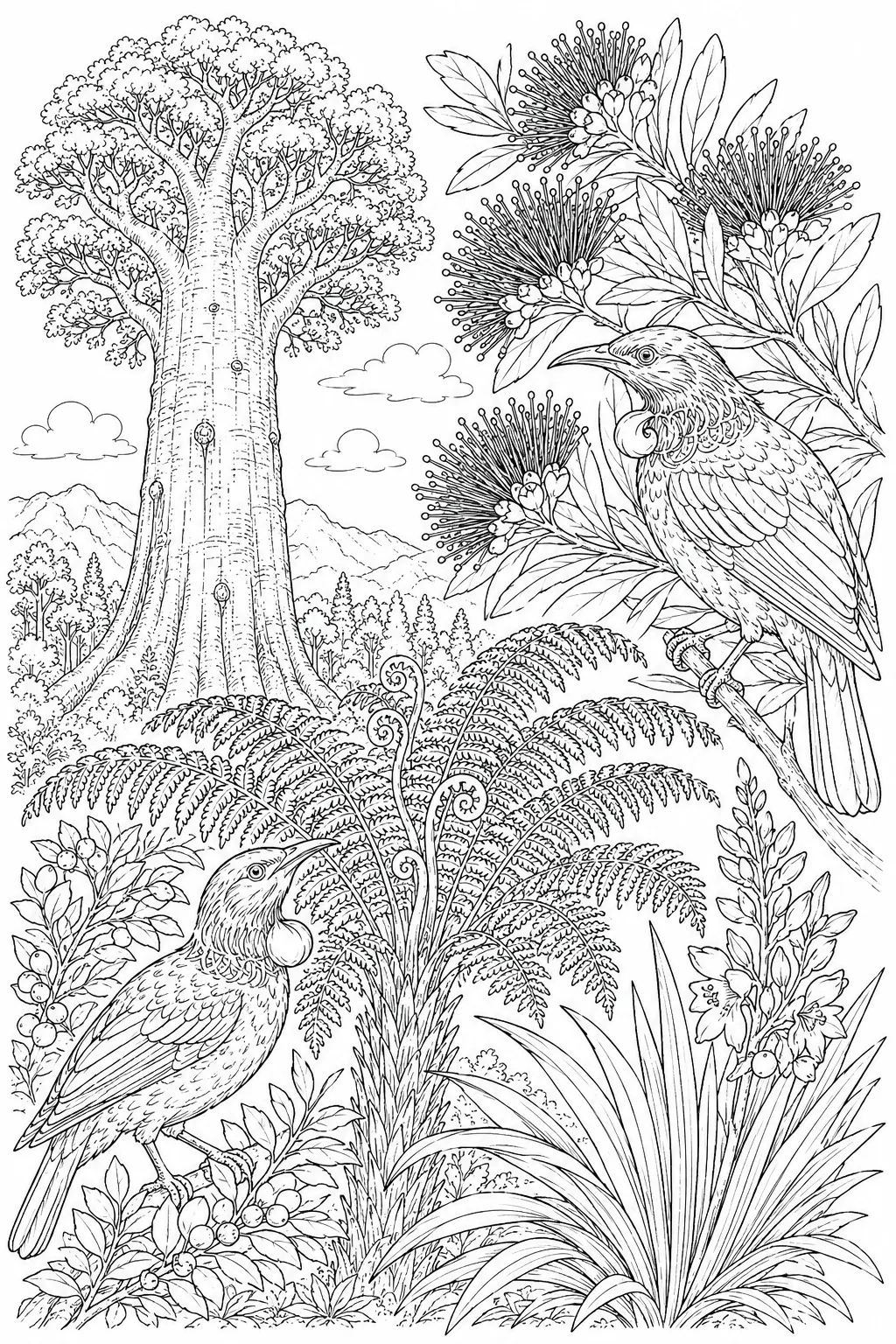 New Zealand: Kauri massive columnar smooth bark / Pohutukawa crimson brush stamens / Ponga silver fern silver underside / Kaka Beak crimson parrot / Tī Kōuka strap rosette cream plumes