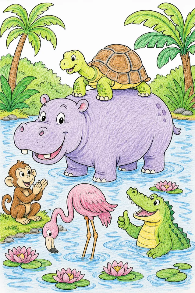 Großes Nilpferd trägt alte Schildkröte auf dem Rücken sicher durch Tropenfluss, Tiere applaudieren am Ufer